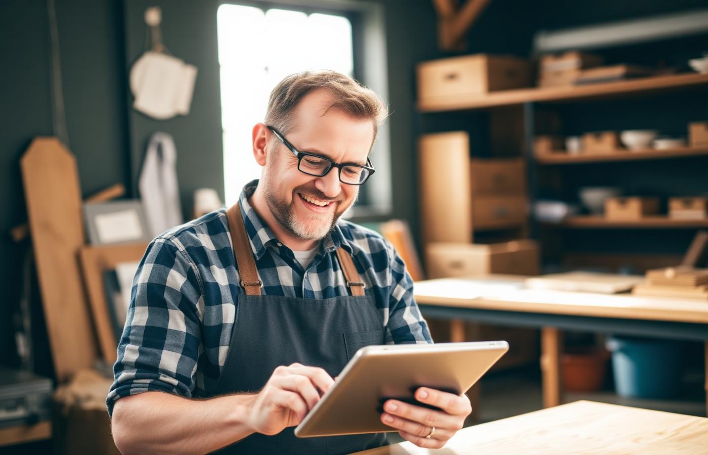 Business owner using a tablet in a workshop to manage bookings and jobs
