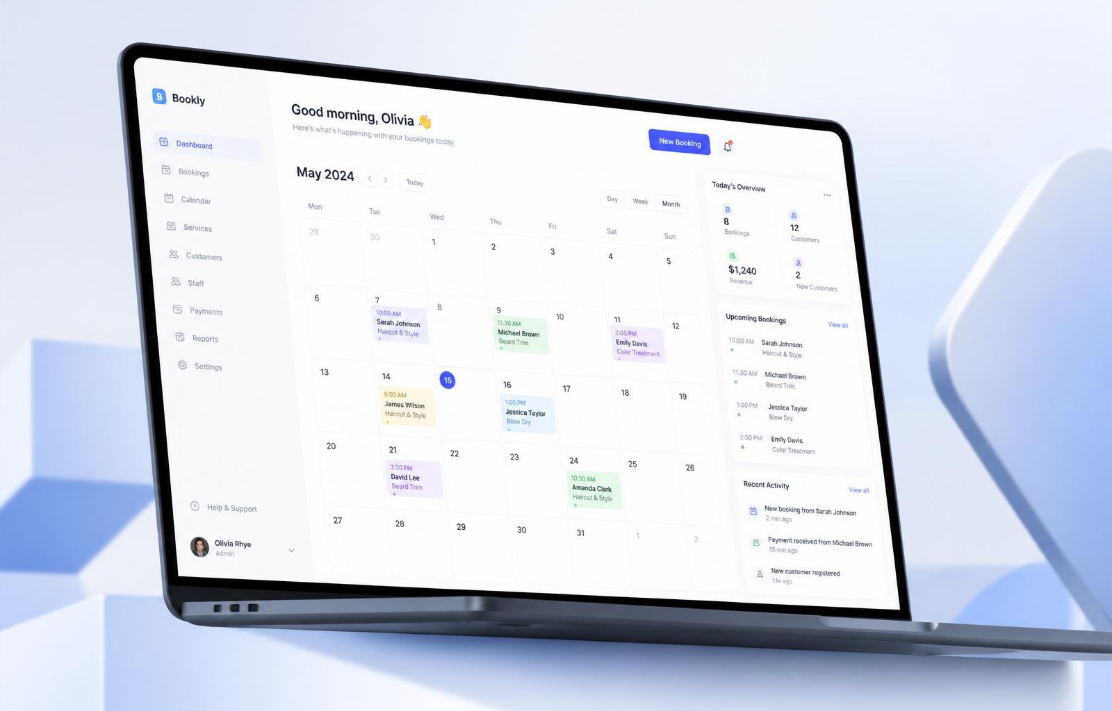 Zippy Booking dashboard showing a booking calendar and availability